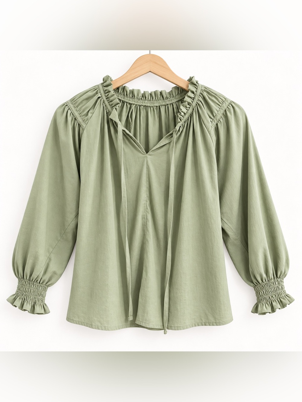 Pleat. Girls Sage Green Smocked Ruffle Blouse Size 10